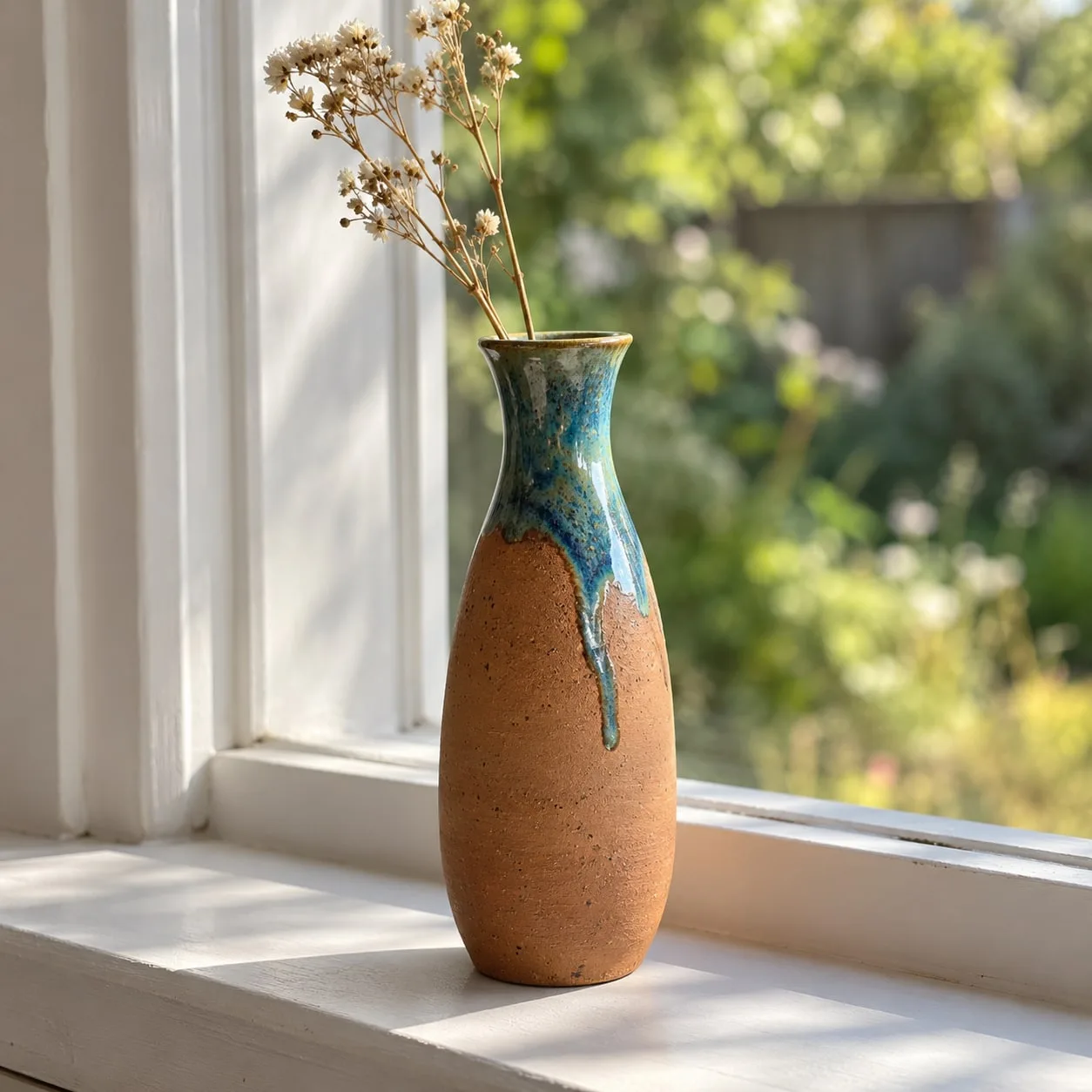 Terracotta bud vase, blue drip